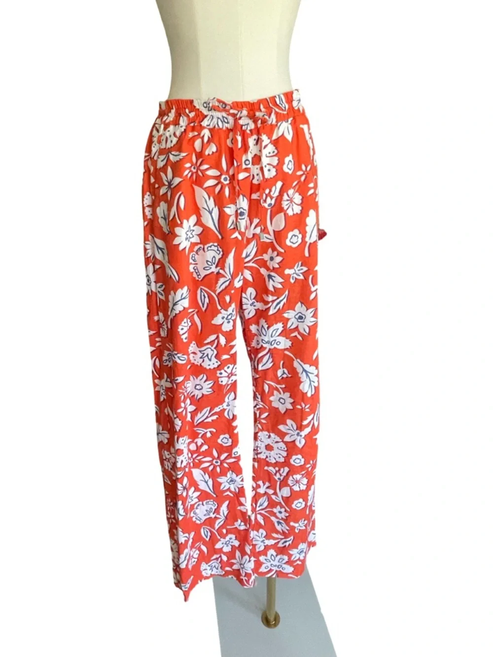 Zara Linen Blend Floral Drawstring Pants Wide Leg Orange White Size Small